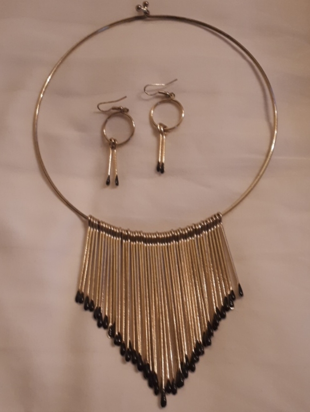 Vintage Deco Gold and Black Fringe Collar Necklace with Matching Earrings